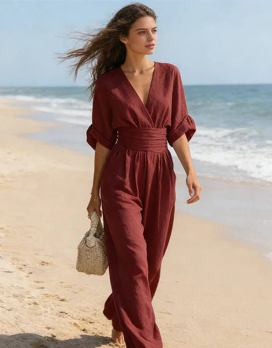 Women's V-Neck Wide-Leg Jumpsuit - Elegant One-Piece