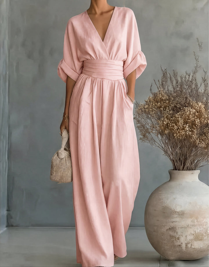 Women's V-Neck Wide-Leg Jumpsuit in light pink, Elegant One-Piece