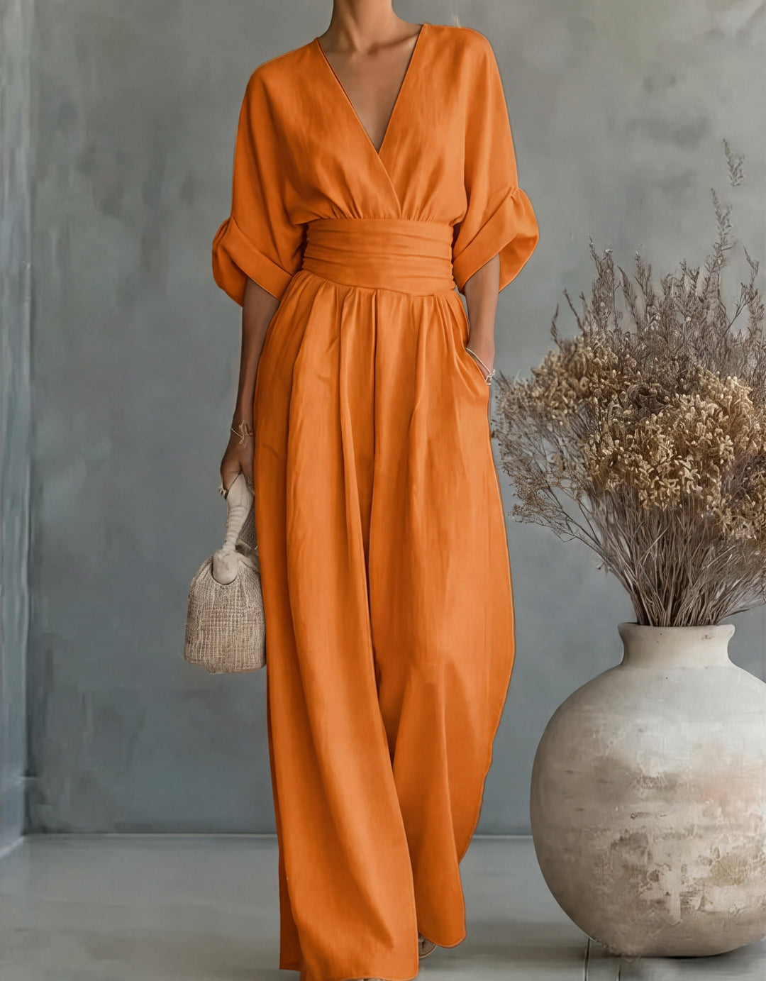 Women's V-Neck Wide-Leg Jumpsuit in orange, Elegant One-Piece