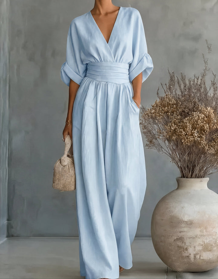 Women's V-Neck Wide-Leg Jumpsuit in sky blue, Elegant One-Piece