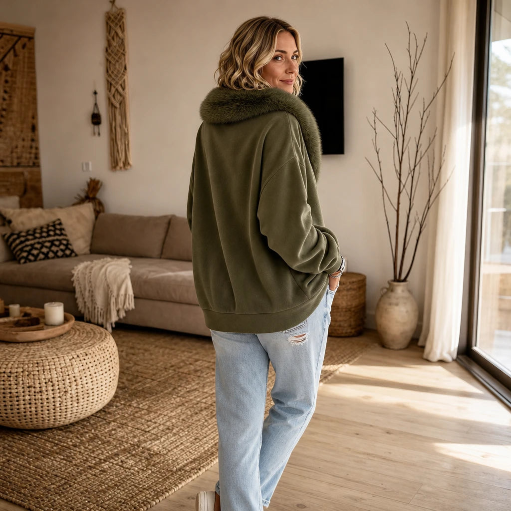 Women's Velvet Faux-Fur Collar Zip-Up Jacket - Relaxed Fit