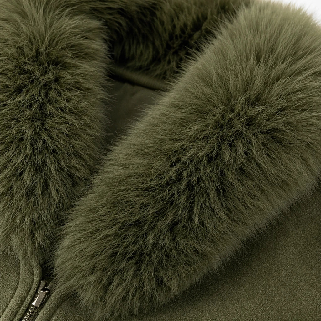 Women's Velvet Faux-Fur Collar Zip-Up Jacket - Relaxed Fit