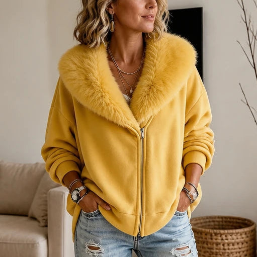Women's Velvet Faux-Fur Collar Zip-Up Jacket in yellow, Relaxed Fit