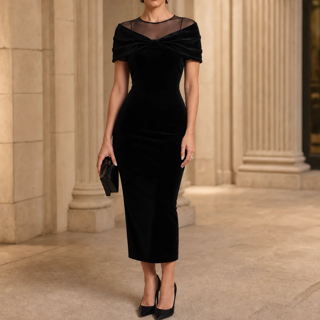 Women's Velvet-Look Midi Dress with Bow Detail in black, Off-Shoulder