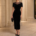 Women's Velvet-Look Midi Dress with Bow Detail - Off-Shoulder