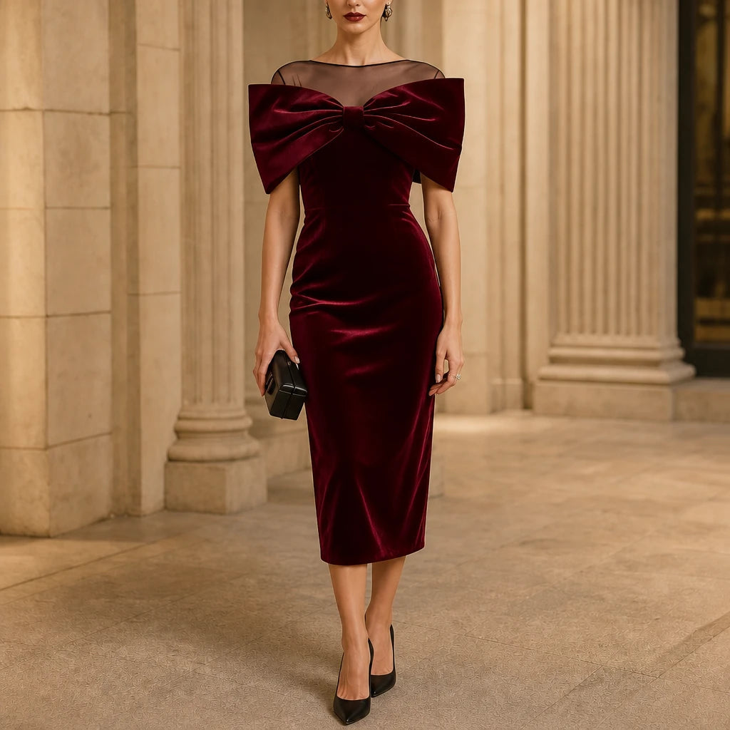 Women's Velvet-Look Midi Dress with Bow Detail in burgundy, Off-Shoulder