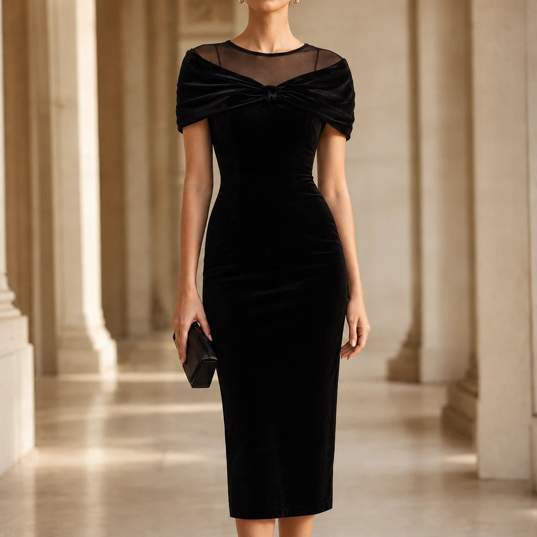 Women's Velvet-Look Midi Dress with Bow Detail - Off-Shoulder