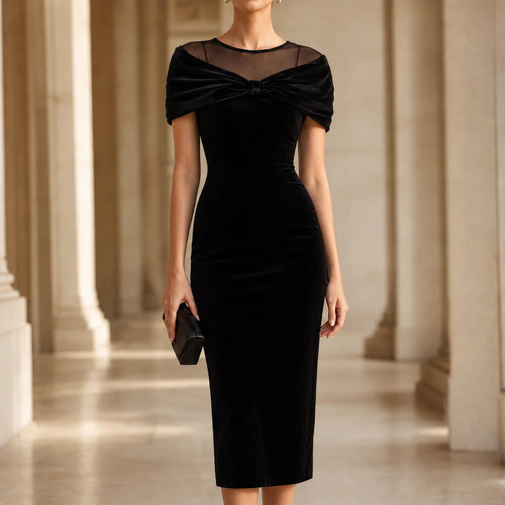 Women's Velvet-Look Midi Dress with Bow Detail - Off-Shoulder