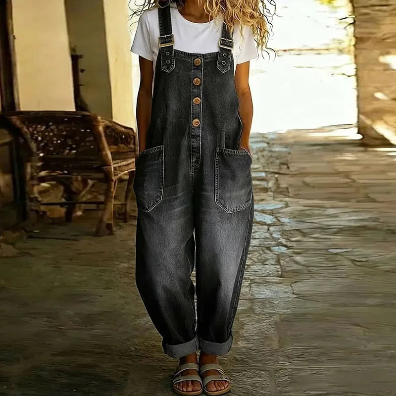 Women's Vintage Soft Denim-Look Overalls - Adjustable Straps - Black