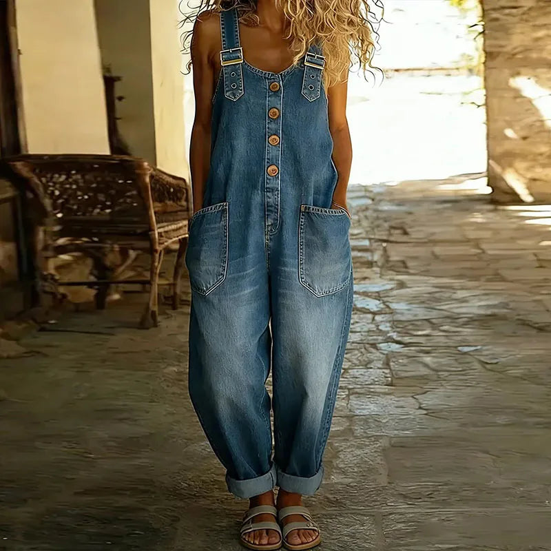 Women's Vintage Soft Denim-Look Overalls - Adjustable Straps - Blue