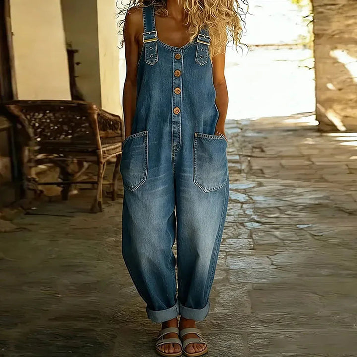 Women's Vintage Soft Denim-Look Overalls - Adjustable Straps - Blue