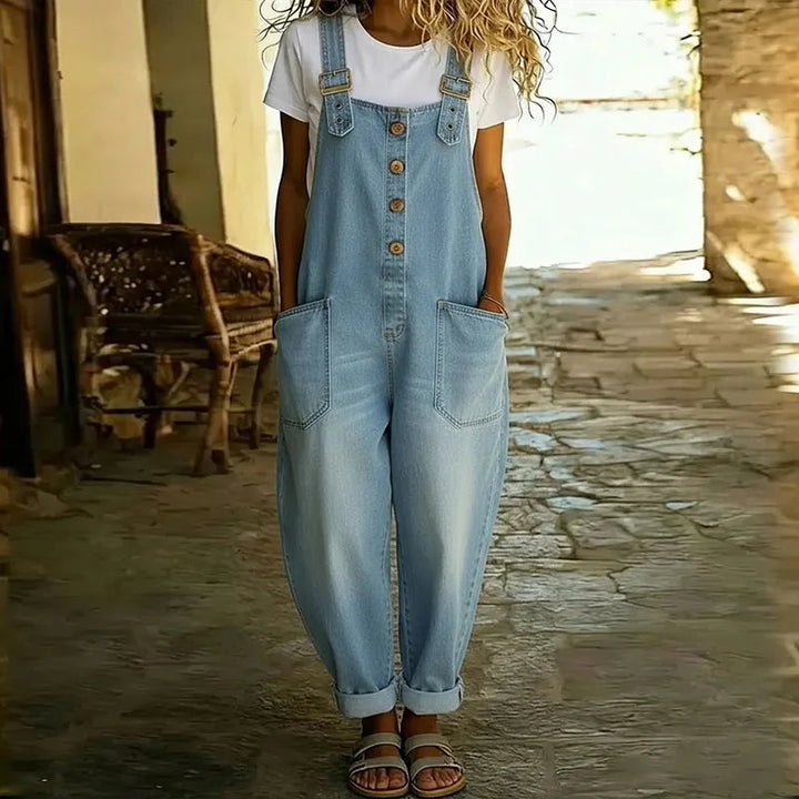 Women's Vintage Soft Denim-Look Overalls - Adjustable Straps - Light Blue