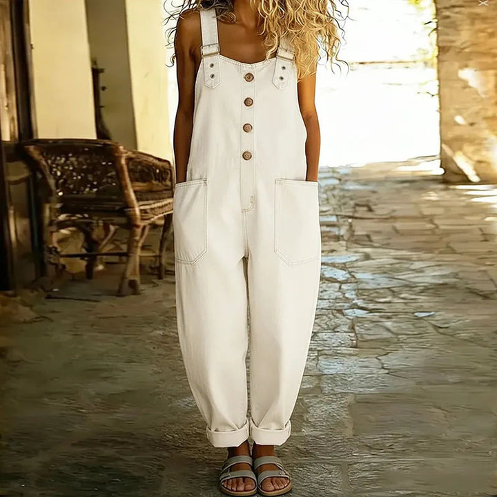 Women's Vintage Soft Denim-Look Overalls - Adjustable Straps - White