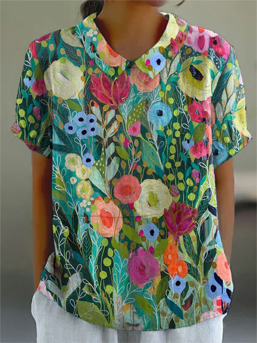 Women's Watercolor Floral Shirt - Lightweight Garden Print - Multicolor