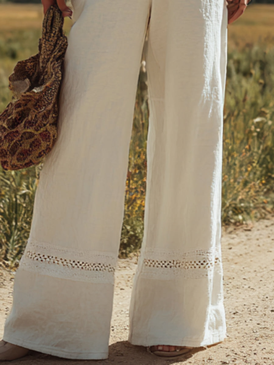Women's White Linen Sleeveless Jumpsuit with Lace Detail