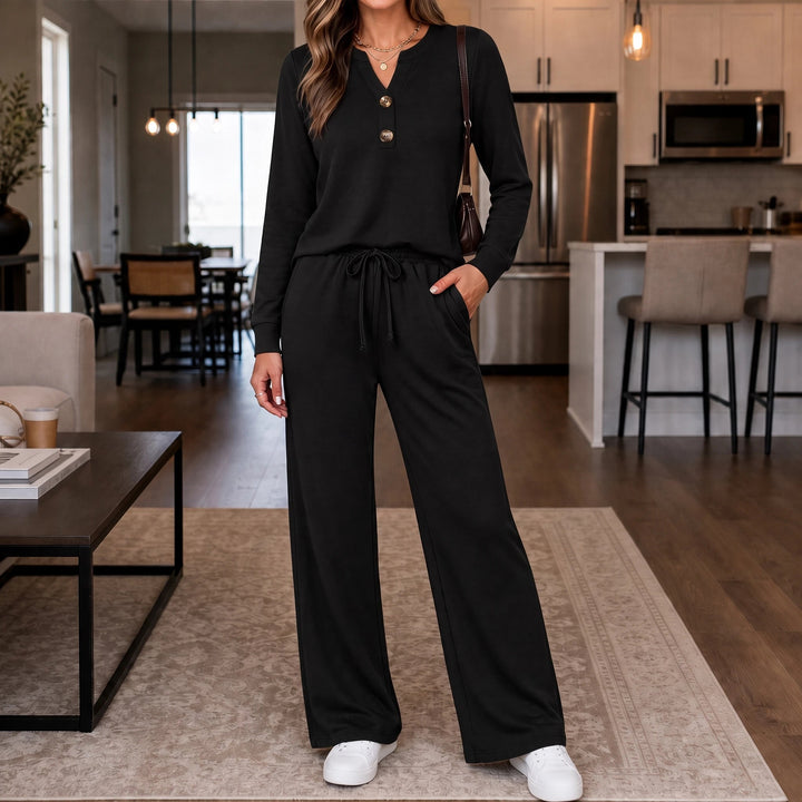 Women's Wide-Leg Lounge Set in black, Coordinated Top and Pants