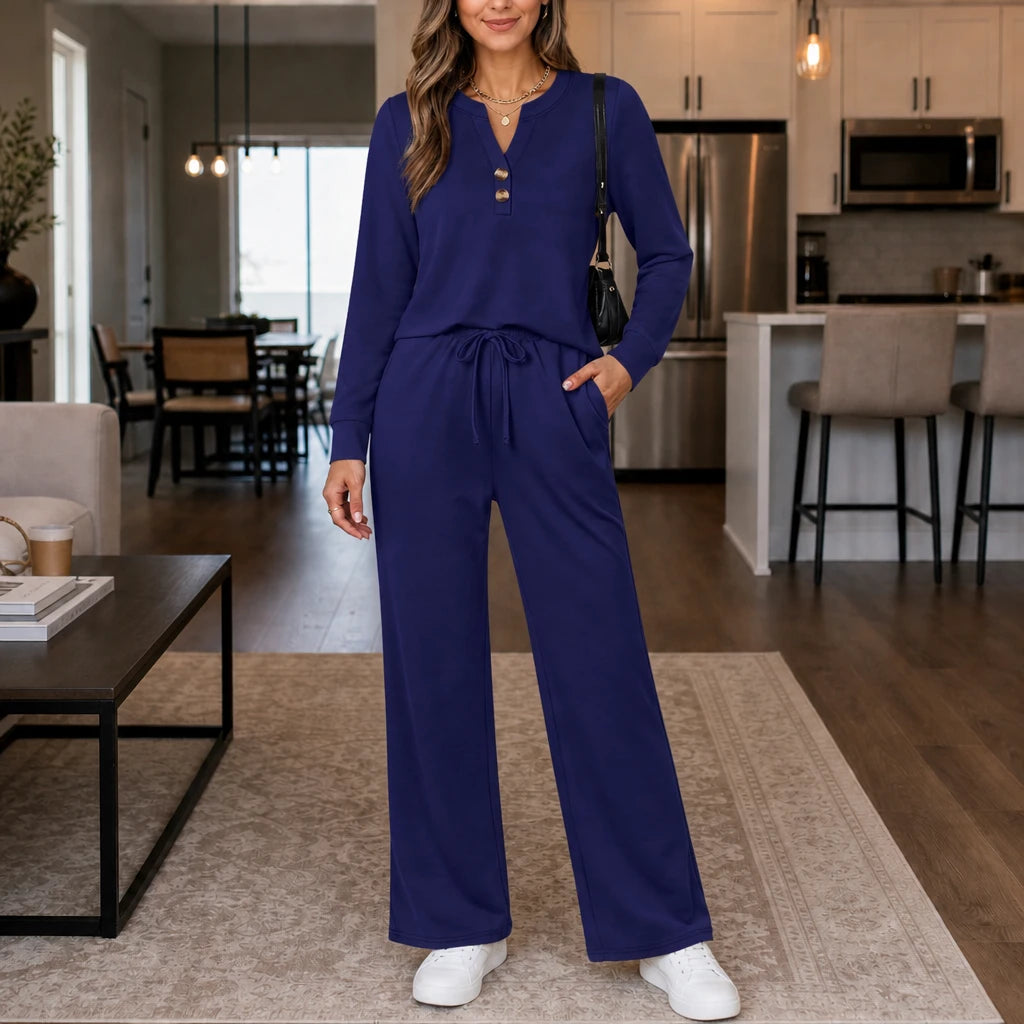 Women's Wide-Leg Lounge Set in navy, Coordinated Top and Pants