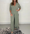 Women's Wide-Leg Two-Piece Set - Flowy Blouse & Trousers