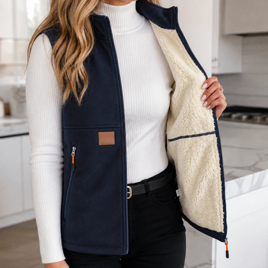 Women's Zip-Front Padded Vest in blue, High Collar Sleeveless Layer