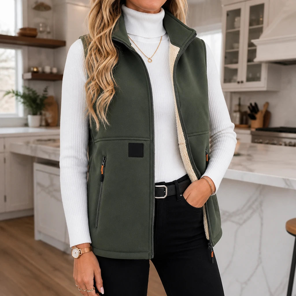 Women's Zip-Front Padded Vest in green, High Collar Sleeveless Layer