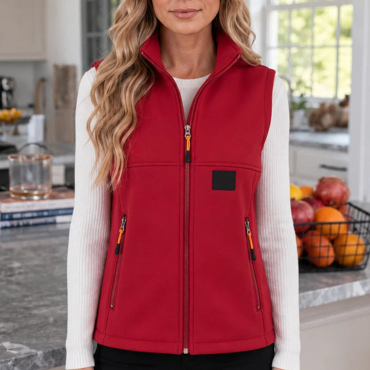 Women's Zip-Front Padded Vest in red, High Collar Sleeveless Layer