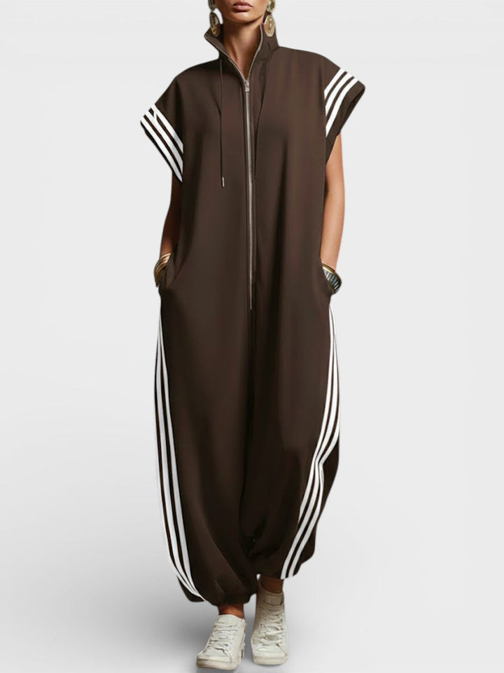 Women's Zip Neck Jumpsuit - Relaxed Fit - Brown