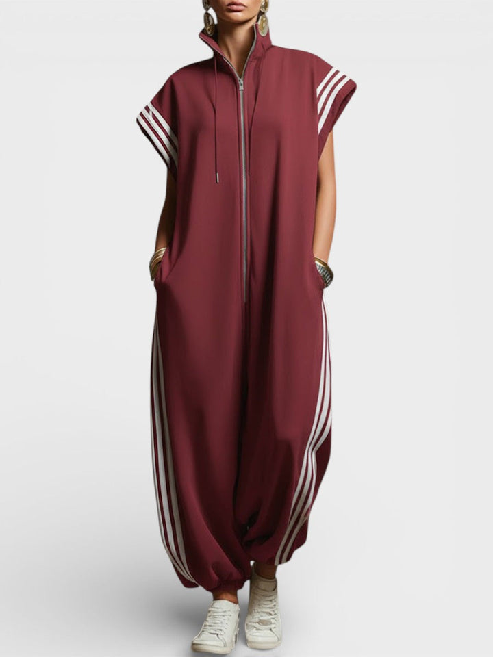 Women's Zip Neck Jumpsuit - Relaxed Fit - Burgundy