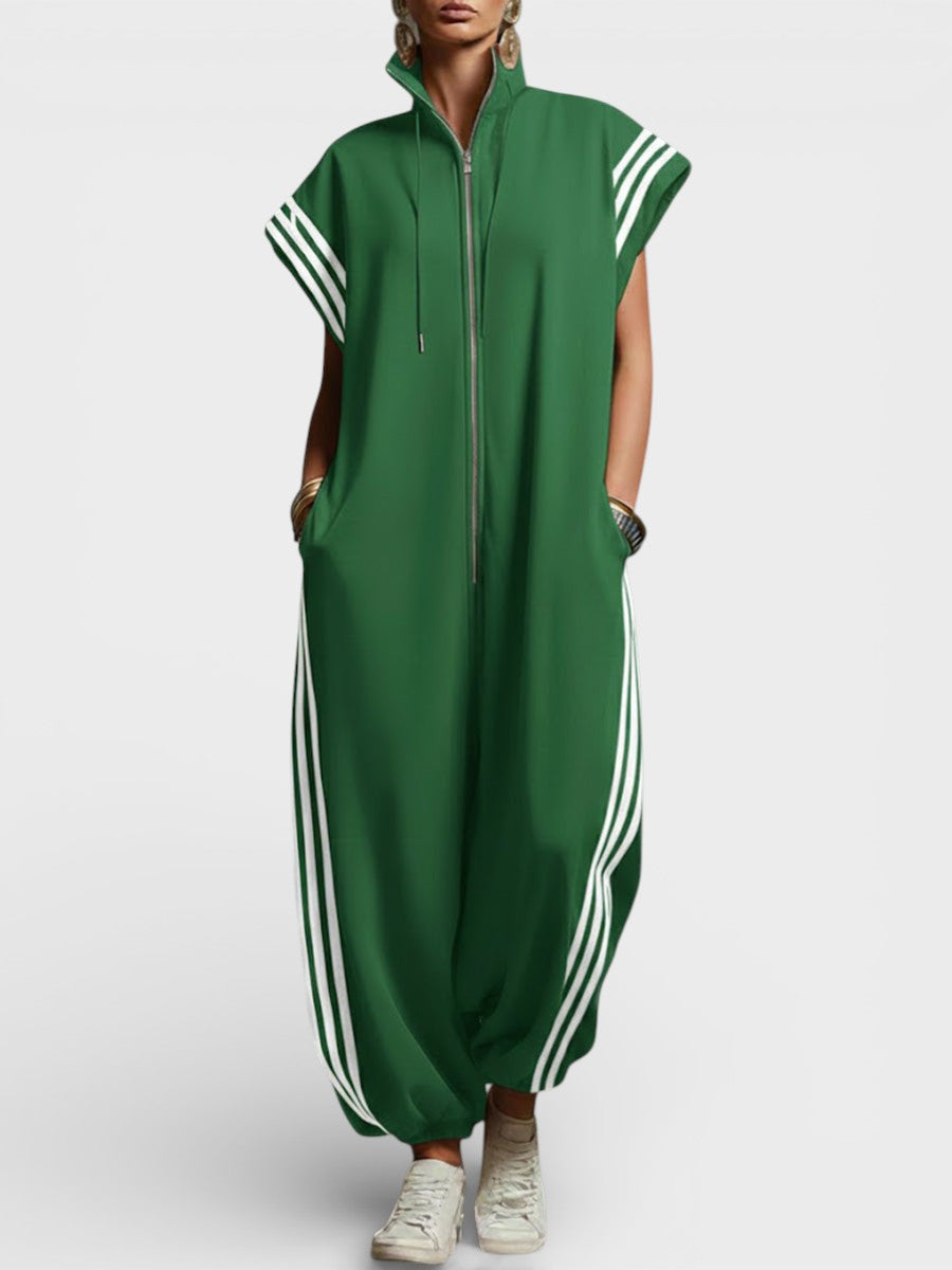 Women's Zip Neck Jumpsuit - Relaxed Fit - Green