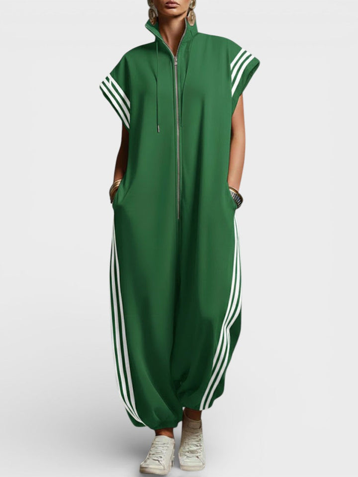 Women's Zip Neck Jumpsuit - Relaxed Fit - Green