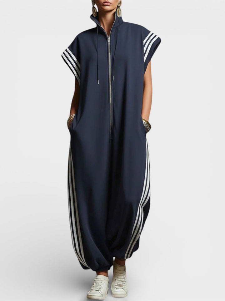 Women's Zip Neck Jumpsuit - Relaxed Fit - Navy