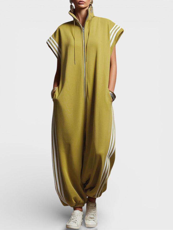 Women's Zip Neck Jumpsuit - Relaxed Fit - Yellow